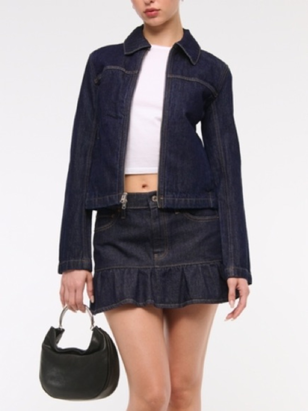 Abercrombie Mid Rise Drop-Waist Ruffle Denim Mini Skirt – Rinse Blue - Picture 3 of 9